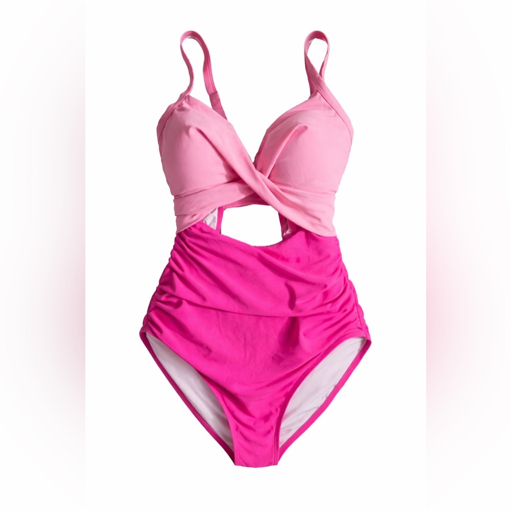 Eomenie Pink Ruched One-Piece Swimsuit Twist Front Cutout Tummy Control Size L